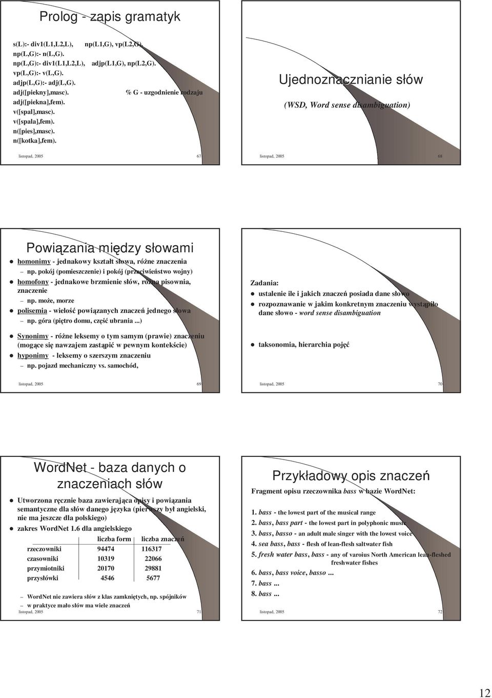 Ujednoznacznianie słóws (WSD, Word sense disambiguation) listopad, 2005 67 listopad, 2005 68 Powi zania mi dzy słowamis homonimy - jednakowy kształt słowa, róŝne znaczenia np.