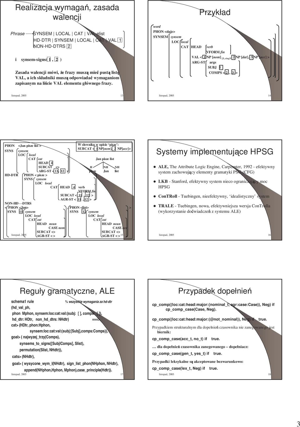 Przykład word PHON <daje> SYNSEM synsem LOC local CAT HEAD verb VFORM fin VAL < 1 NP [nom] [3, sing], 2 NP [dat], 3 NP [acc] > ARG-ST args SUBJ 1 COMPS < 2, 3 > listopad, 2005 13 listopad, 2005 14