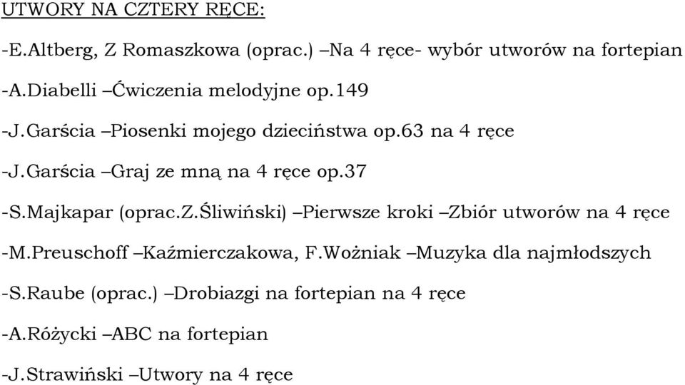Garścia Graj ze mną na 4 ręce op.37 -S.Majkapar (oprac.z.śliwiński) Pierwsze kroki Zbiór utworów na 4 ręce -M.
