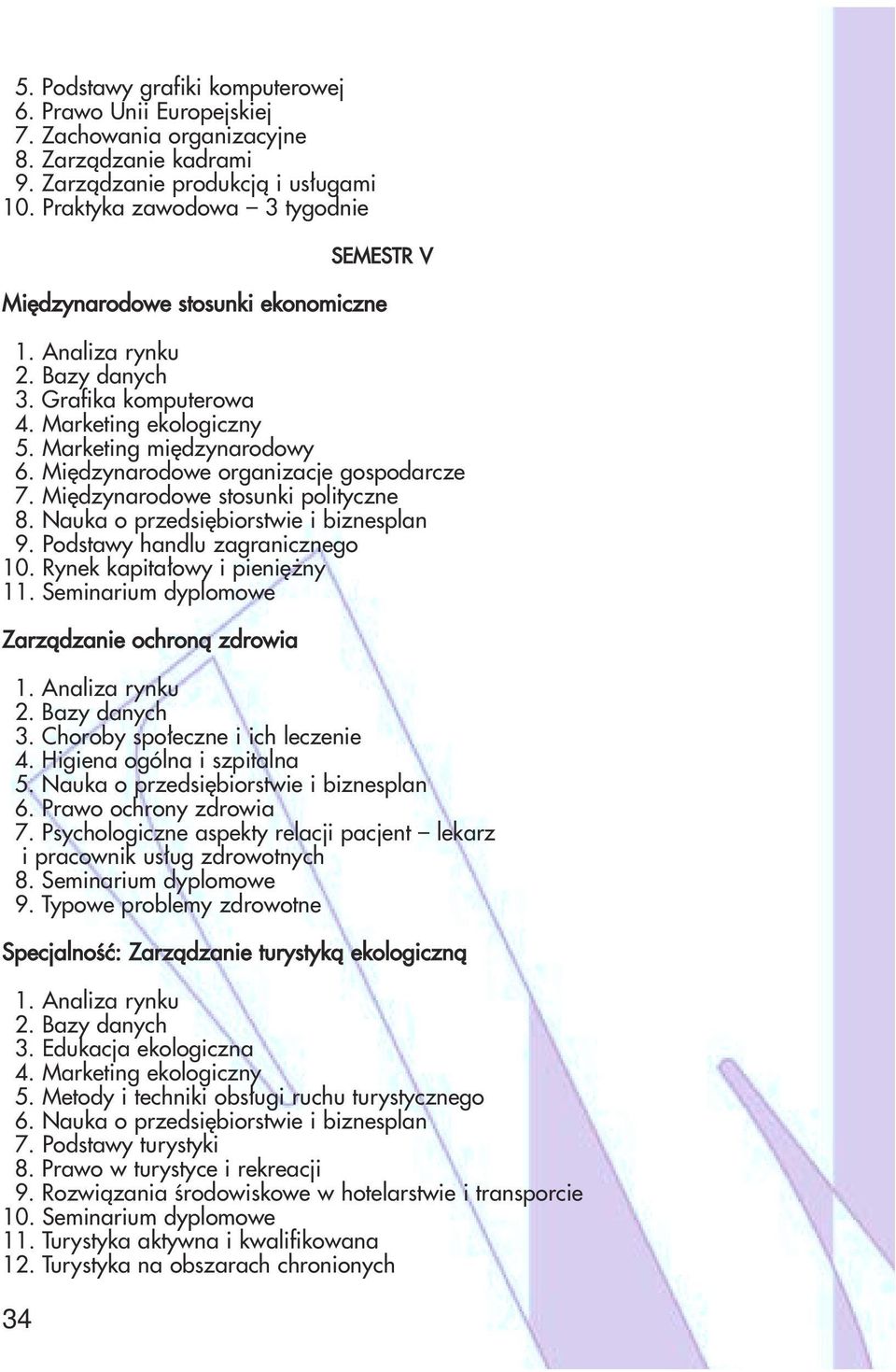 Międzynarodowe organizacje gospodarcze 7. Międzynarodowe stosunki polityczne 8. Nauka o przedsiębiorstwie i biznesplan 9. Podstawy handlu zagranicznego 10. Rynek kapitałowy i pieniężny 11.