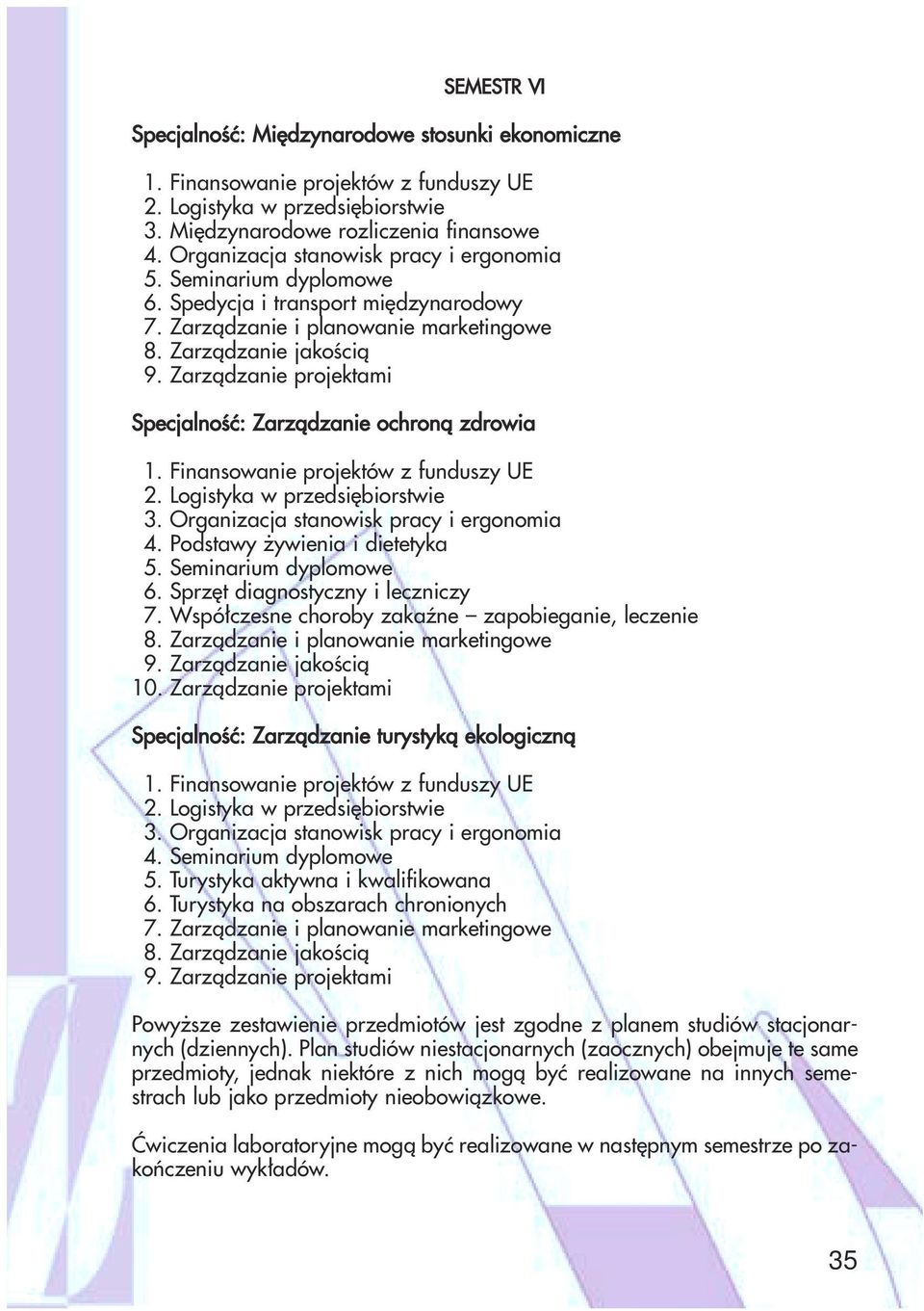 Zarządzanie projektami Specjalność: Zarządzanie ochroną zdrowia 1. Finansowanie projektów z funduszy UE 2. Logistyka w przedsiębiorstwie 3. Organizacja stanowisk pracy i ergonomia 4.