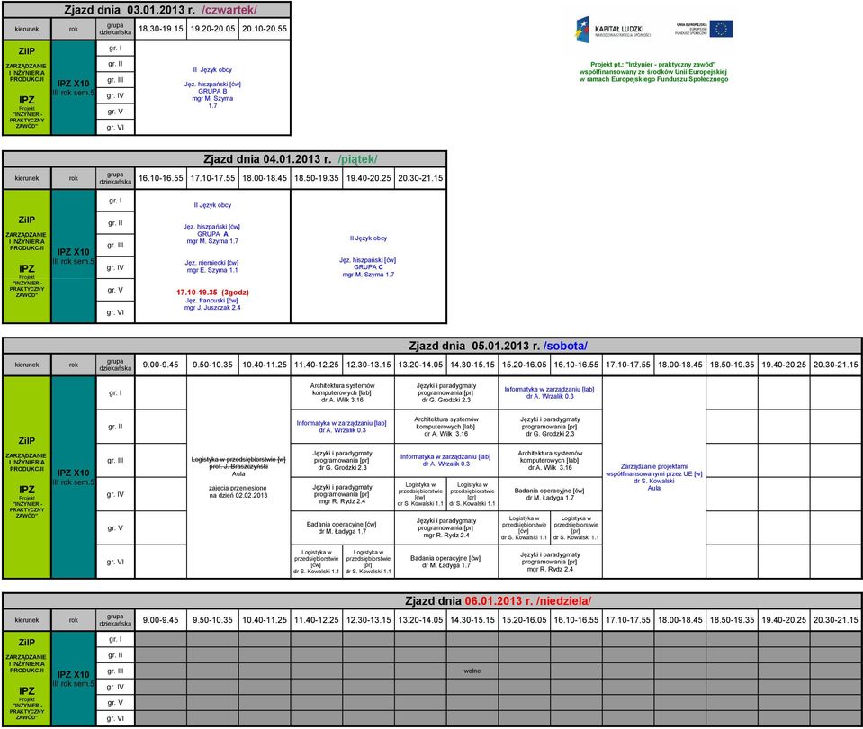 /sobota/ Informatyka w zarządzaniu dr A. Wrzalik 0.3 X10 [w] prof. J. Braszczyński zajęcia przeniesione na dzień 02.