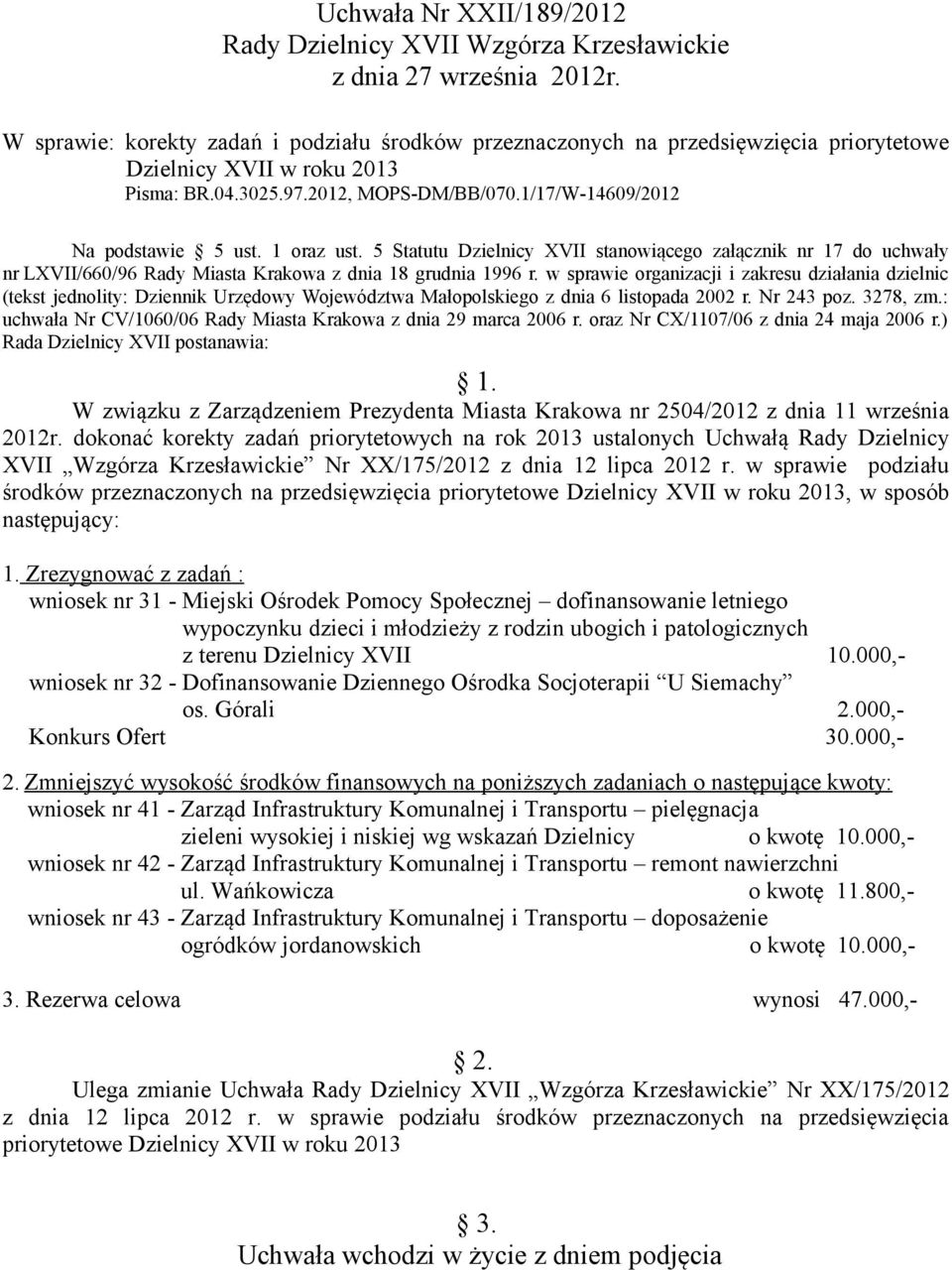 w sprawie organizacji i zakresu działania dzielnic (tekst jednolity: Dziennik Urzędowy Województwa Małopolskiego z dnia 6 listopada 2002 r. Nr 243 poz. 3278, zm.