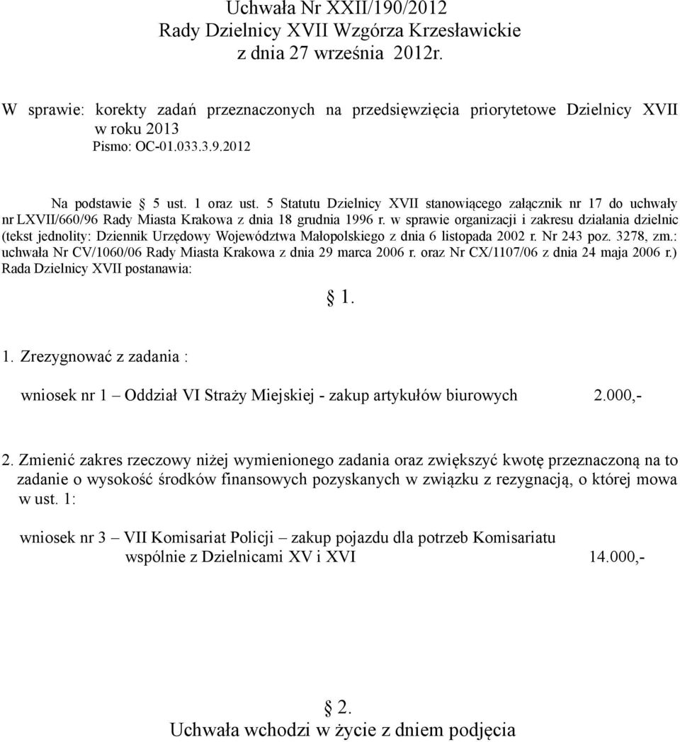 w sprawie organizacji i zakresu działania dzielnic (tekst jednolity: Dziennik Urzędowy Województwa Małopolskiego z dnia 6 listopada 2002 r. Nr 243 poz. 3278, zm.