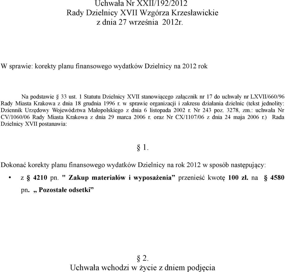 w sprawie organizacji i zakresu działania dzielnic (tekst jednolity: Dziennik Urzędowy Województwa Małopolskiego z dnia 6 listopada 2002 r. Nr 243 poz. 3278, zm.