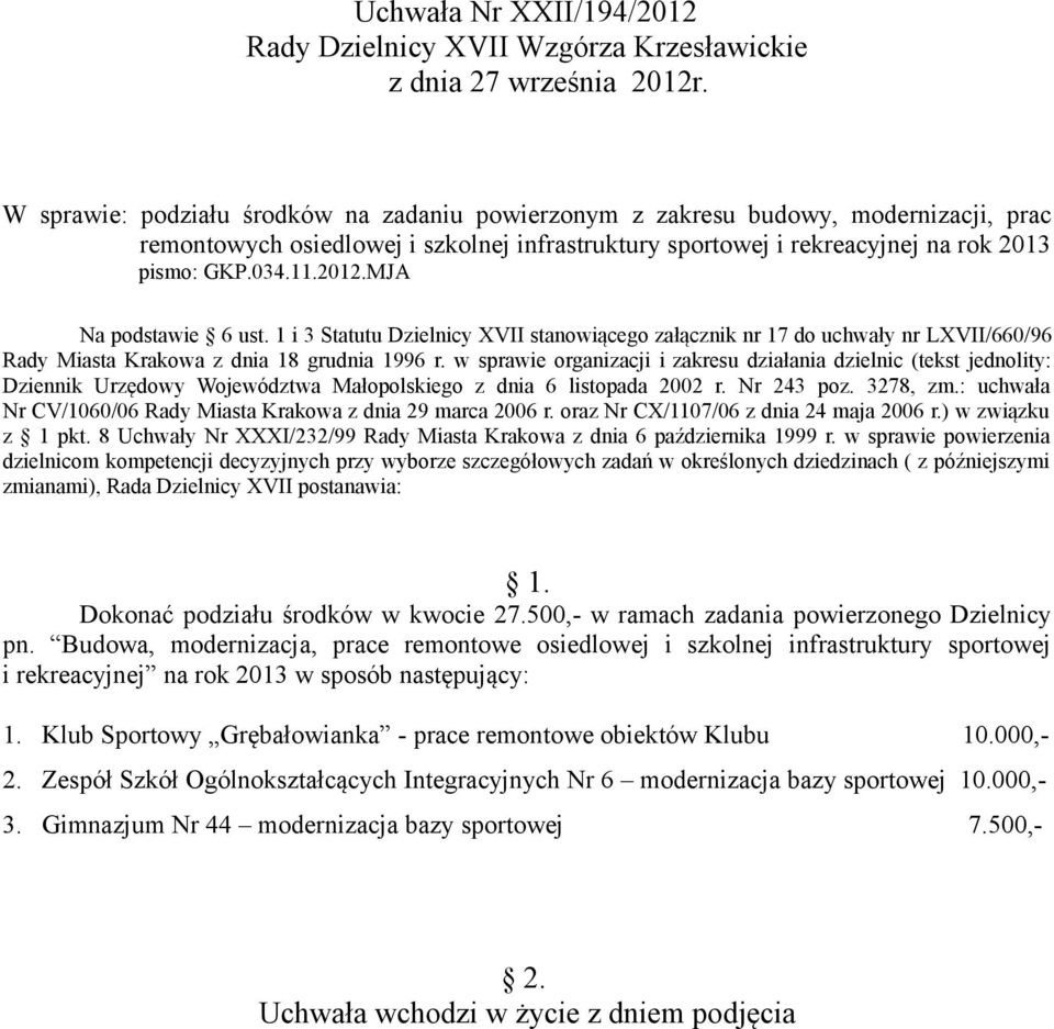 w sprawie organizacji i zakresu działania dzielnic (tekst jednolity: Dziennik Urzędowy Województwa Małopolskiego z dnia 6 listopada 2002 r. Nr 243 poz. 3278, zm.