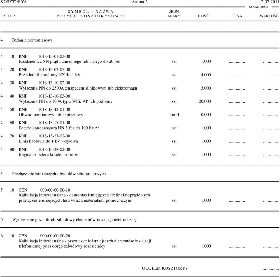 ..... 4 30 KNP 1018-13-10-02-00 Wyłącznik NN do 2500A z napędem silnikowym lub elektromagn szt 5,000...... 4 40 KNP 1018-13-10-03-00 Wyłącznik NN do 100A typu WIS, AP lub podobny szt 20,000.