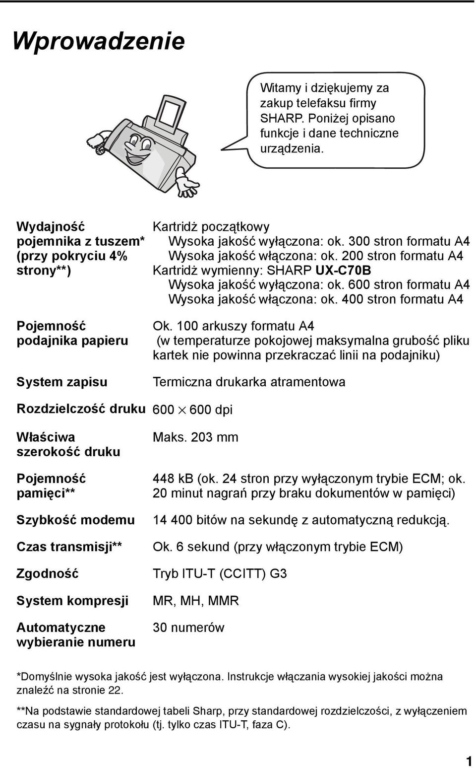 200 stron formatu A4 Kartridż wymienny: SHARP UX-C70B Wysoka jakość wyłączona: ok. 600 stron formatu A4 Wysoka jakość włączona: ok. 400 stron formatu A4 Pojemność podajnika papieru System zapisu Ok.