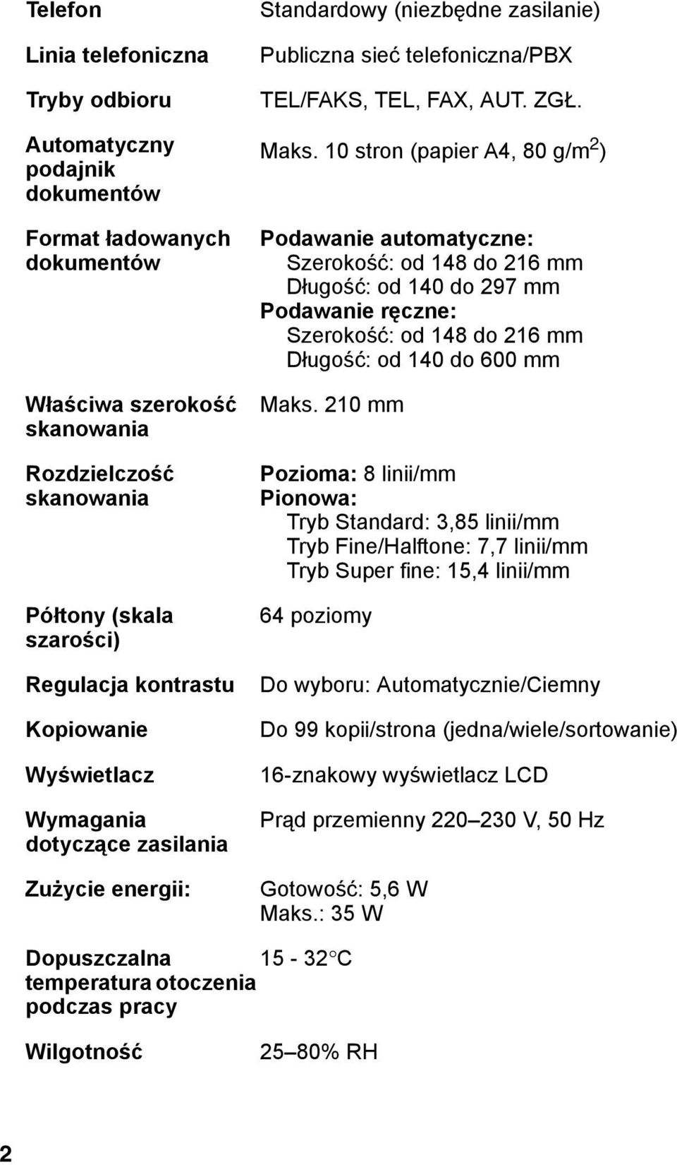 10 stron (papier A4, 80 g/m 2 ) Podawanie automatyczne: Szerokość: od 148 do 216 mm Długość: od 140 do 297 mm Podawanie ręczne: Szerokość: od 148 do 216 mm Długość: od 140 do 600 mm Maks.