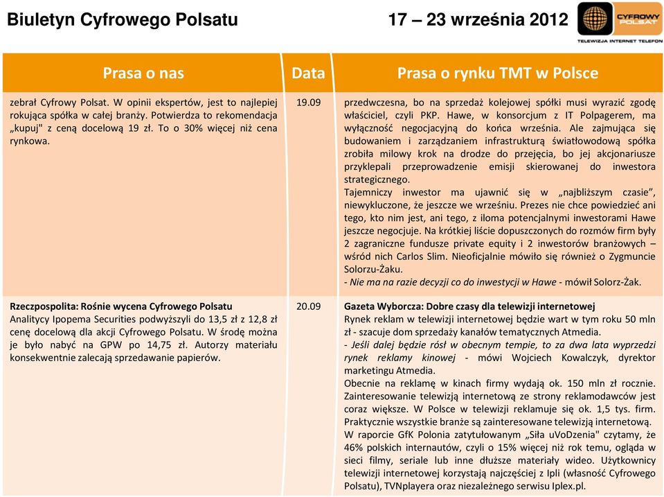 W środę można je było nabyć na GPW po 14,75 zł. Autorzy materiału konsekwentnie zalecają sprzedawanie papierów. 19.