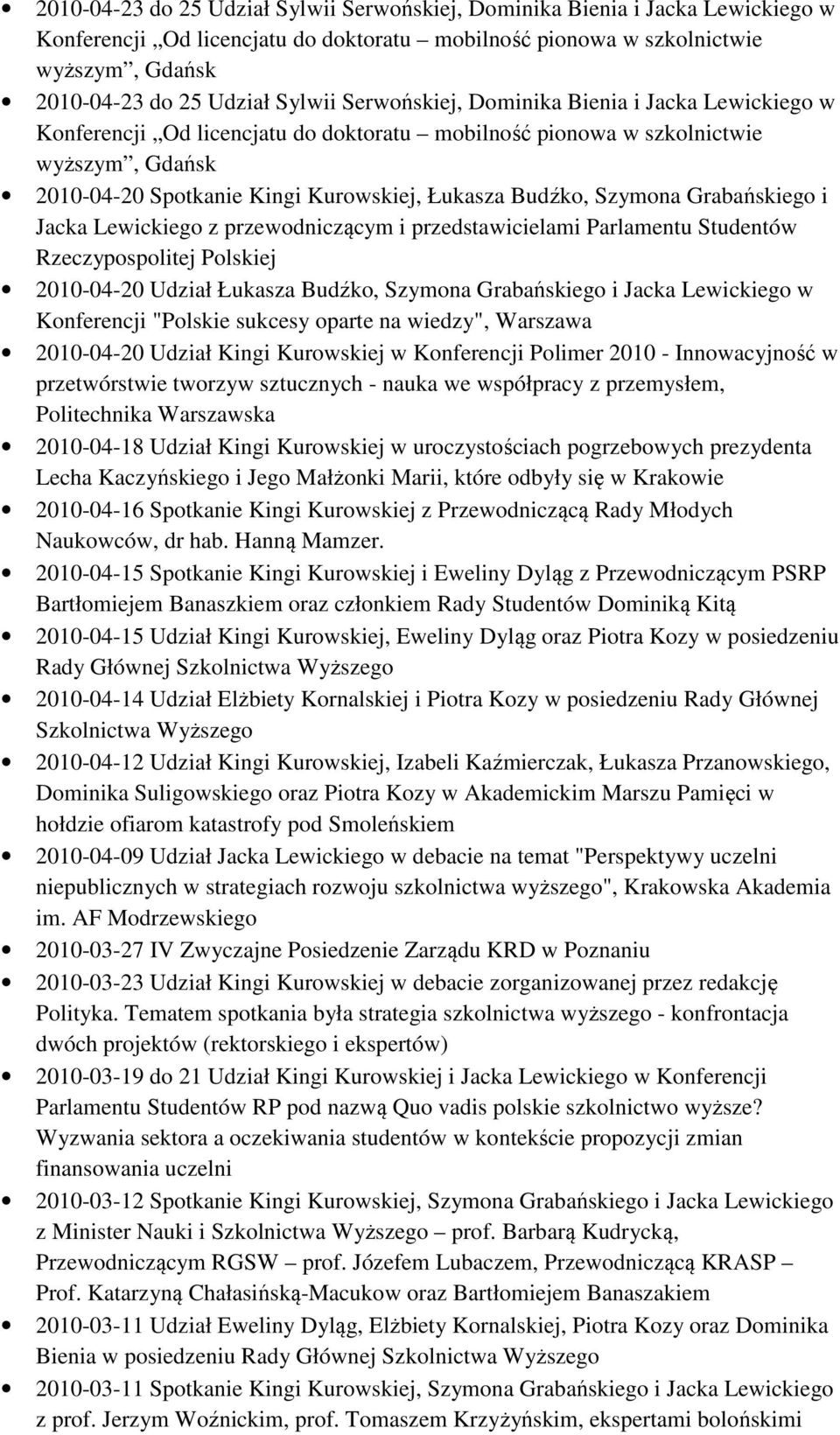 Szymona Grabańskiego i Jacka Lewickiego z przewodniczącym i przedstawicielami Parlamentu Studentów Rzeczypospolitej Polskiej 2010-04-20 Udział Łukasza Budźko, Szymona Grabańskiego i Jacka Lewickiego
