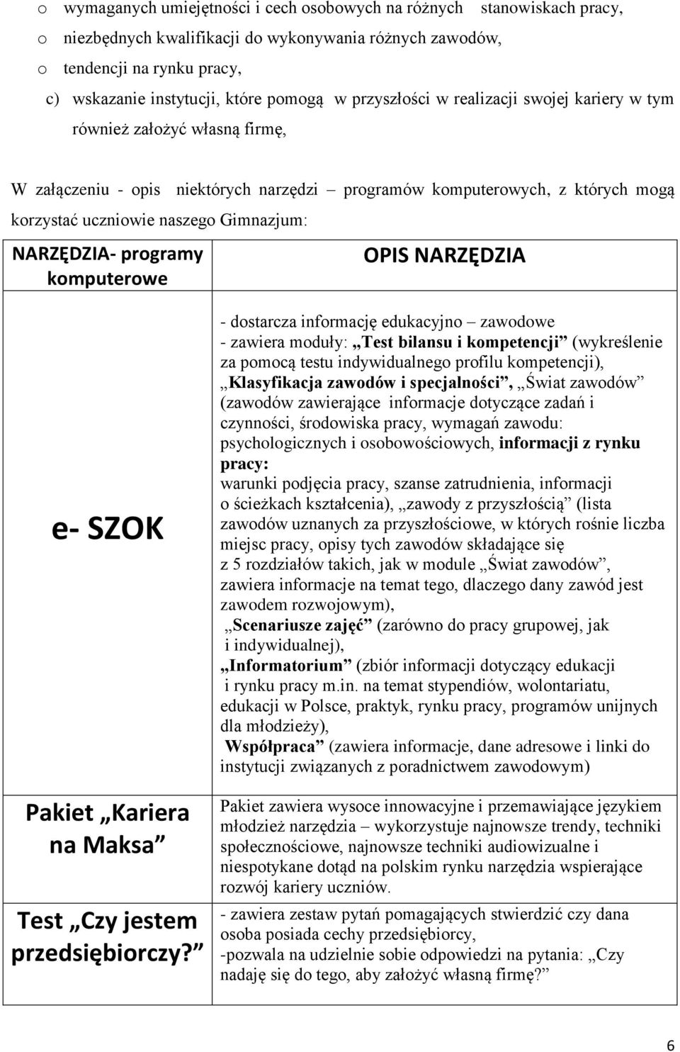 NARZĘDZIA- programy komputerowe OPIS NARZĘDZIA e- SZOK Pakiet Kariera na Maksa Test Czy jestem przedsiębiorczy?