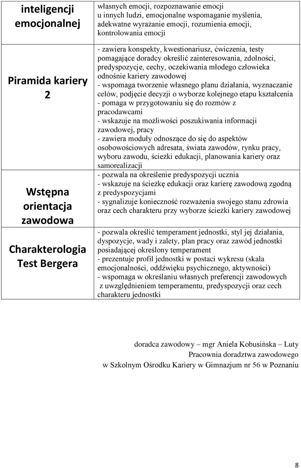 oczekiwania młodego człowieka odnośnie kariery zawodowej - wspomaga tworzenie własnego planu działania, wyznaczanie celów, podjęcie decyzji o wyborze kolejnego etapu kształcenia - pomaga w