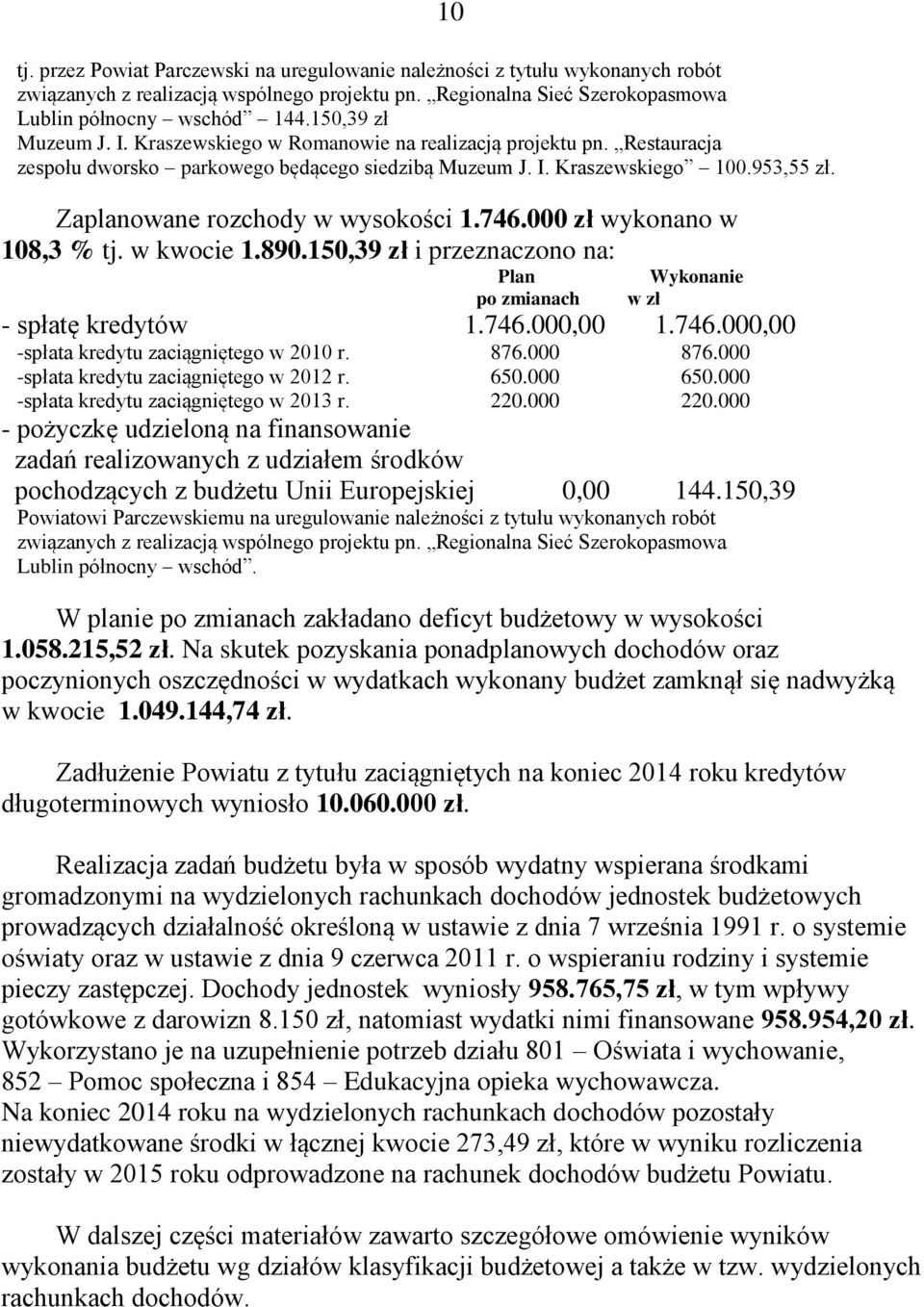 Zaplanowane rozchody w wysokości 1.746.000 zł wykonano w 108,3 % tj. w kwocie 1.890.150,39 zł i przeznaczono na: 10 Plan po zmianach Wykonanie w zł - spłatę kredytów 1.746.000,00 1.746.000,00 -spłata kredytu zaciągniętego w 2010 r.