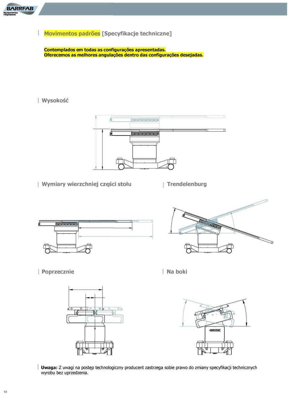 Wysokość Wymiary wierzchniej części stołu Trendelenburg Poprzecznie Na boki Uwaga: Z uwagi na