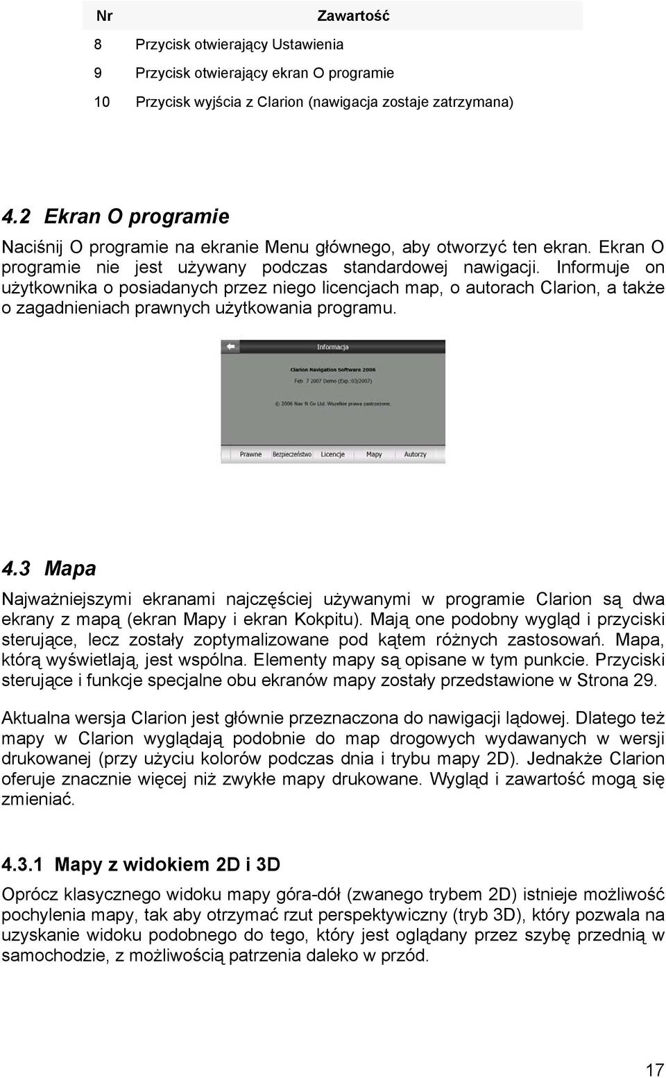 Informuje on użytkownika o posiadanych przez niego licencjach map, o autorach Clarion, a także o zagadnieniach prawnych użytkowania programu. 4.