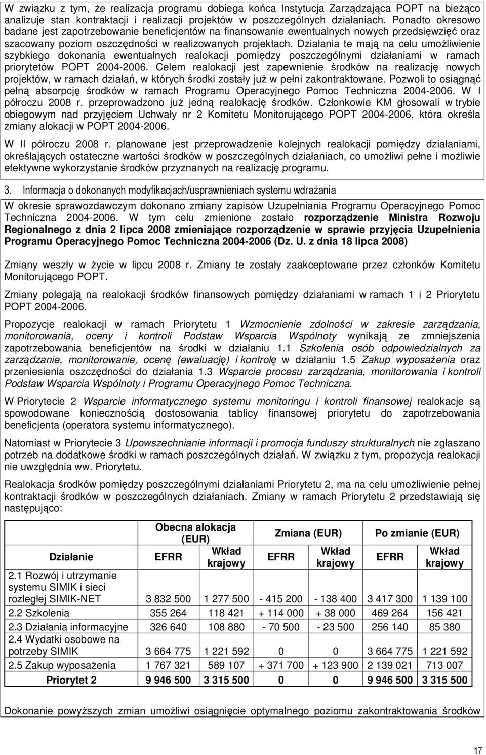 Działania te mają na celu umoŝliwienie szybkiego dokonania ewentualnych realokacji pomiędzy poszczególnymi działaniami w ramach priorytetów POPT 2004-2006.