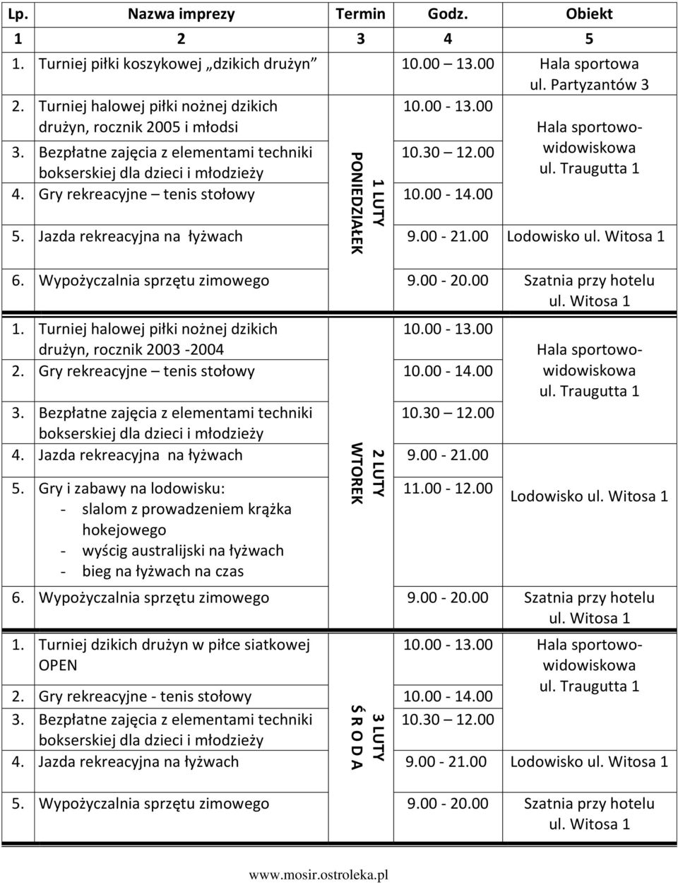 00 Lodowisko 1. Turniej halowej piłki nożnej dzikich drużyn, rocznik 2003-2004 2. Gry rekreacyjne tenis stołowy 10.00-14.00 4. Jazda rekreacyjna na łyżwach 9.00-21.00 5.