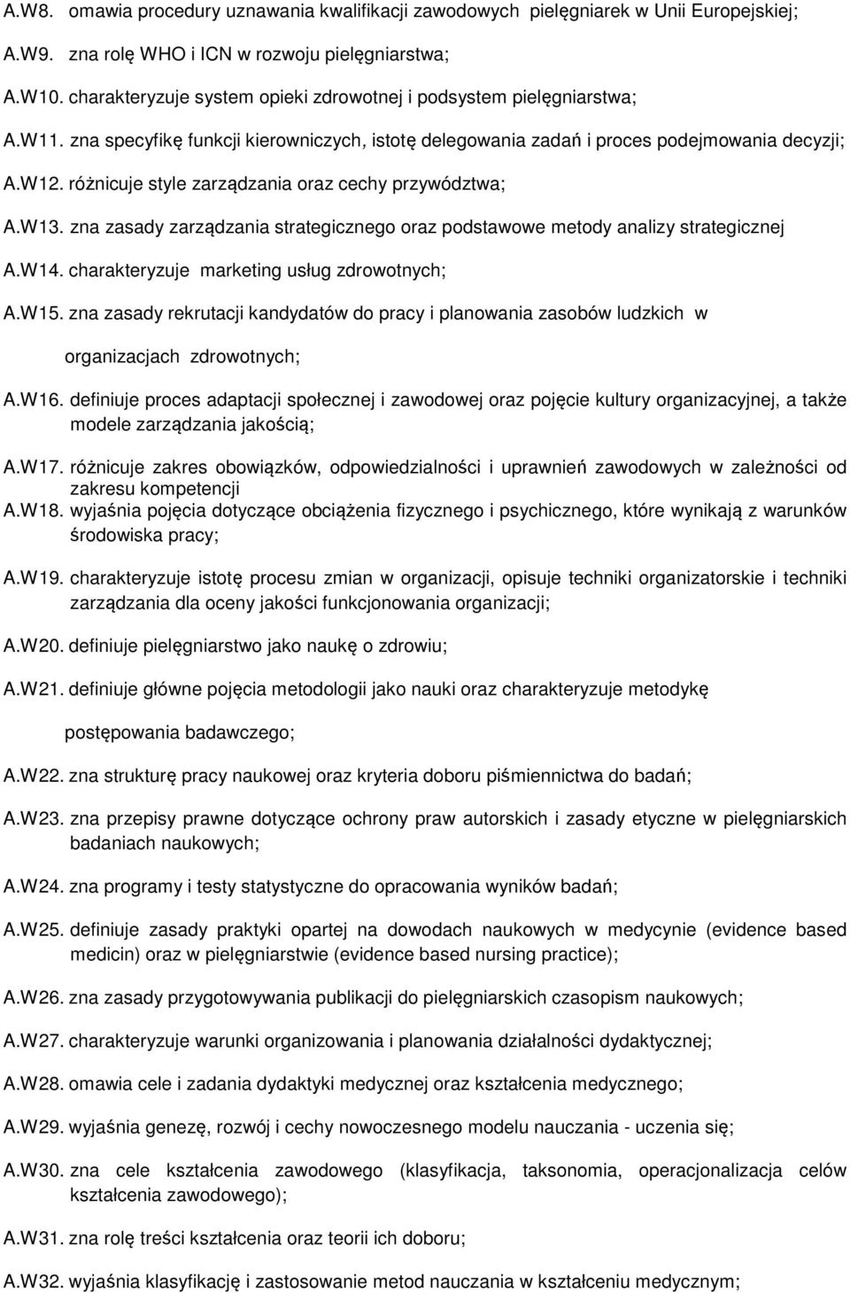 różnicuje style zarządzania oraz cechy przywództwa; A.W13. zna zasady zarządzania strategicznego oraz podstawowe metody analizy strategicznej A.W14. charakteryzuje marketing usług zdrowotnych; A.W15.