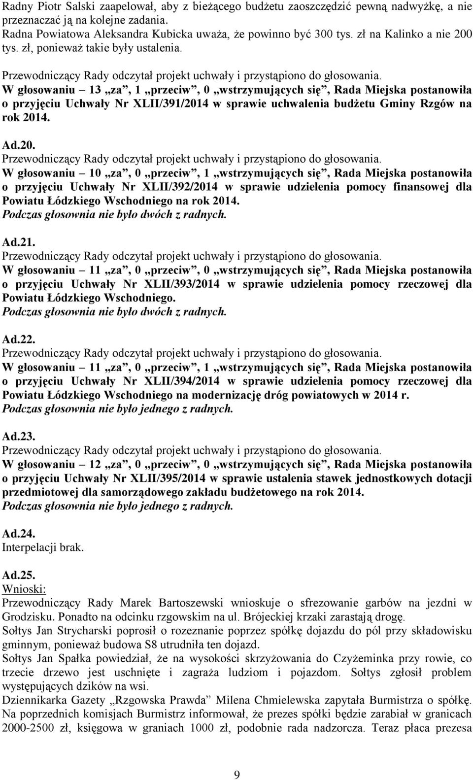 W głosowaniu 13 za, 1 przeciw, 0 wstrzymujących się, Rada Miejska postanowiła o przyjęciu Uchwały Nr XLII/391/201