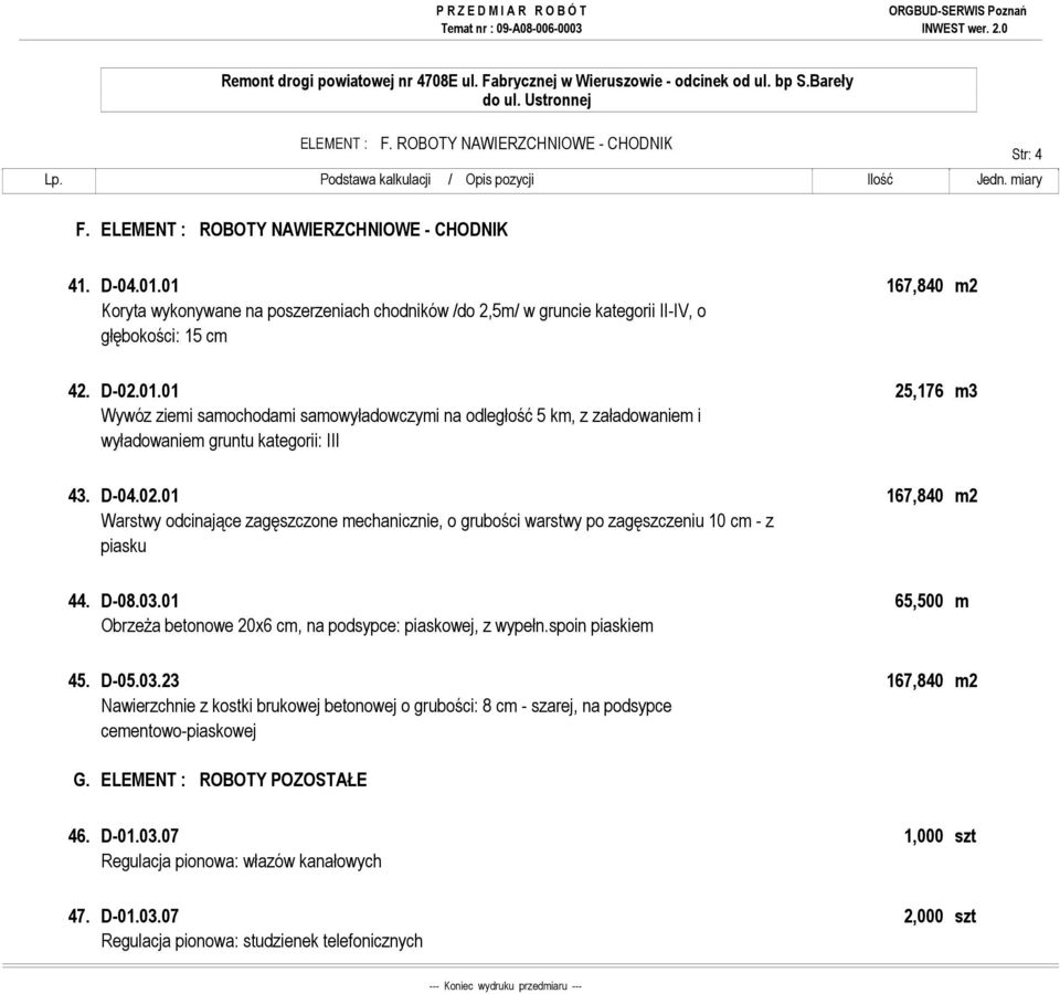 D-04.02.01 167,840 m2 Warstwy odcinające zagęszczone mechanicznie, o grubości warstwy po zagęszczeniu 10 cm - z piasku 44. D-08.03.