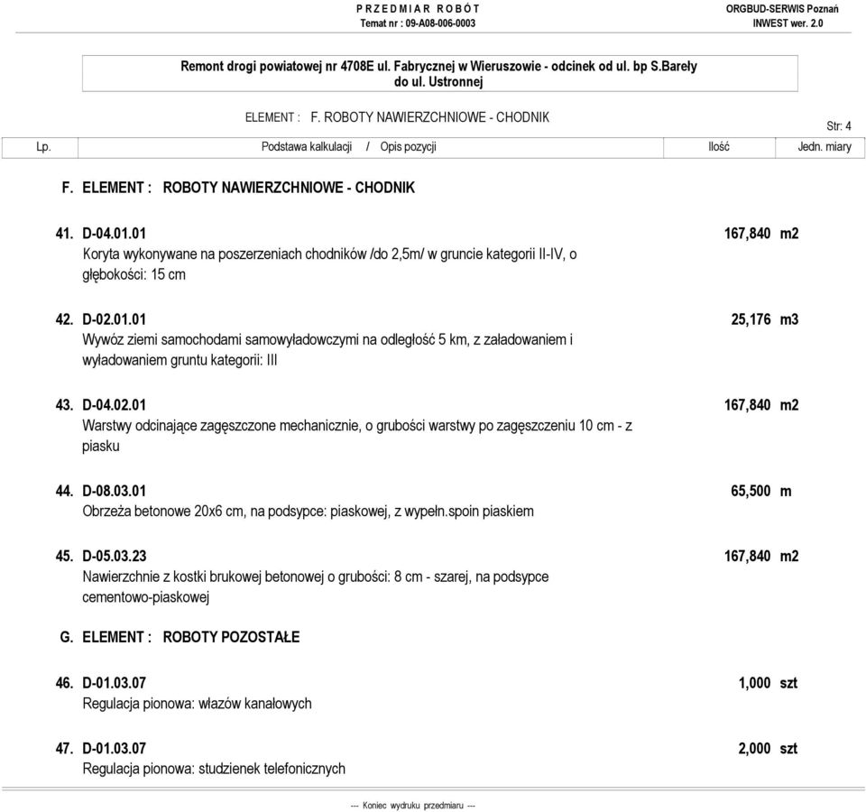 D-04.02.01 167,840 m2 Warstwy odcinające zagęszczone mechanicznie, o grubości warstwy po zagęszczeniu 10 cm - z piasku 44. D-08.03.