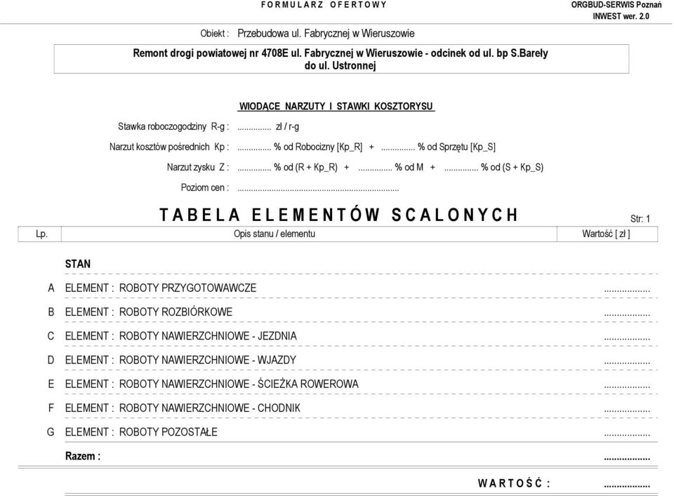 .. T A B E L A E L E M E N T Ó W S C A L O N Y C H Str: 1 Lp. Opis stanu / elementu Wartość [ zł ] STAN A ELEMENT : ROBOTY PRZYGOTOWAWCZE... B ELEMENT : ROBOTY ROZBIÓRKOWE.