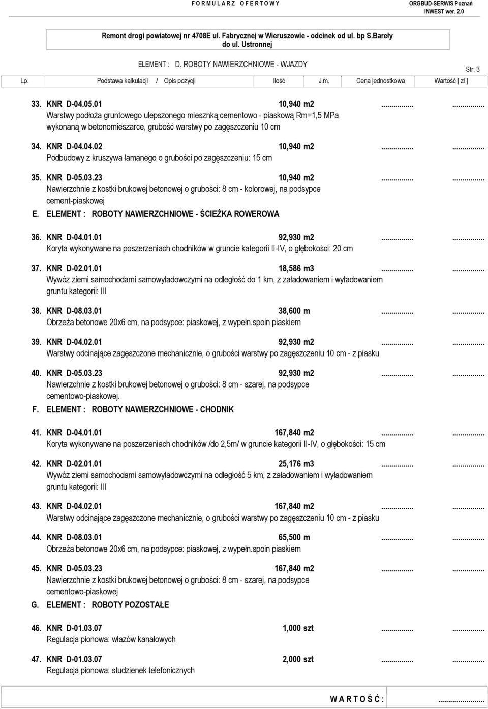 ..... Podbudowy z kruszywa łamanego o grubości po zagęszczeniu: 15 cm 35. KNR D-05.03.23 10,940 m2.