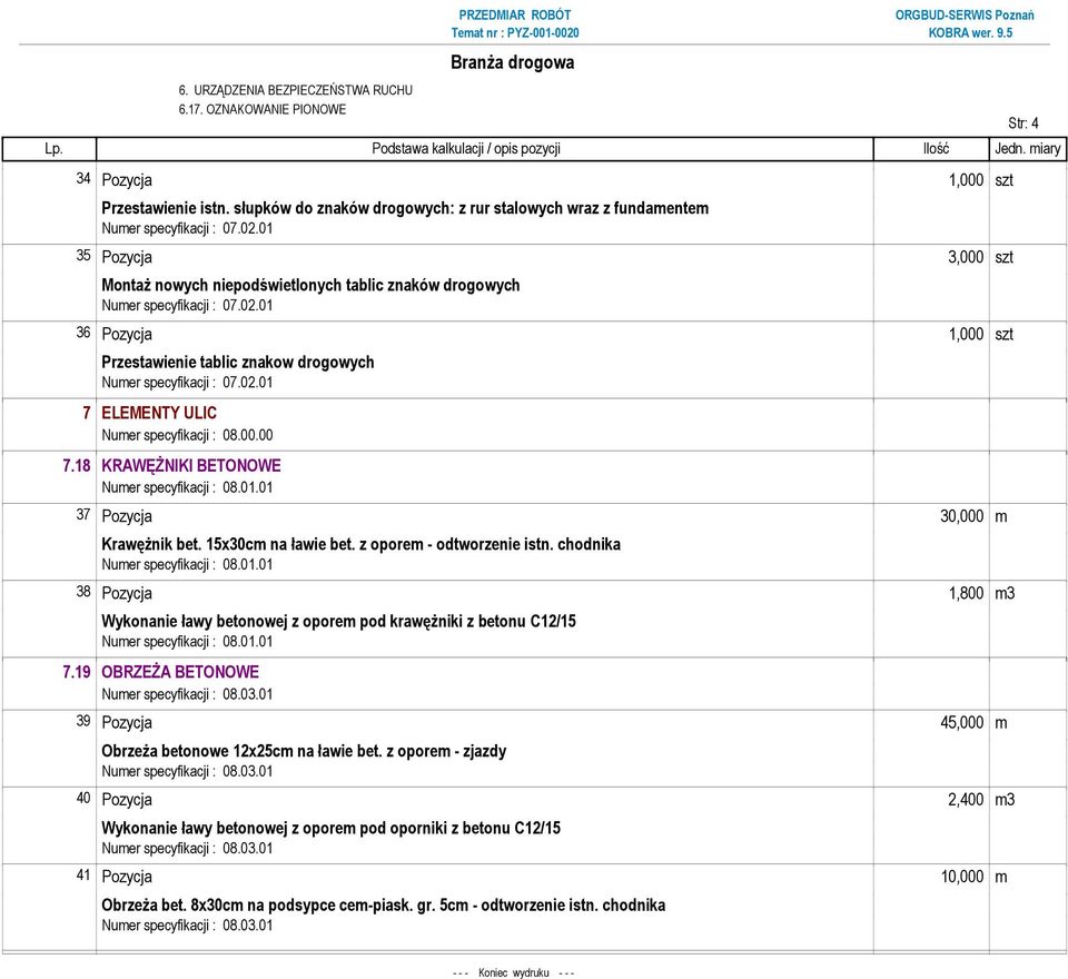 7 ELEMENTY ULIC Numer specyfikacji : 08.00.00 7.18 KRAWĘŻNIKI BETONOWE 37 Pozycja 30,000 m Krawężnik bet. 15x30cm na ławie bet. z oporem - odtworzenie istn.