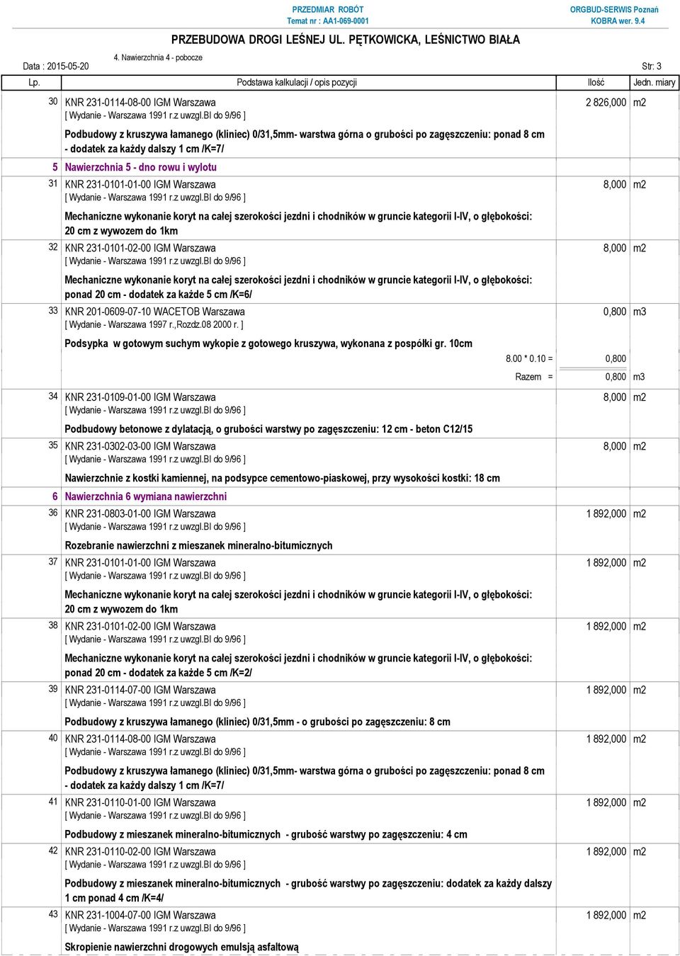 10 = 0,800 Razem = 0,800 m3 34 KNR 231-0109-01-00 IGM Warszawa 8,000 m2 Podbudowy betonowe z dylatacją, o grubości warstwy po zagęszczeniu: 12 cm - beton C12/15 35 KNR 231-0302-03-00 IGM Warszawa