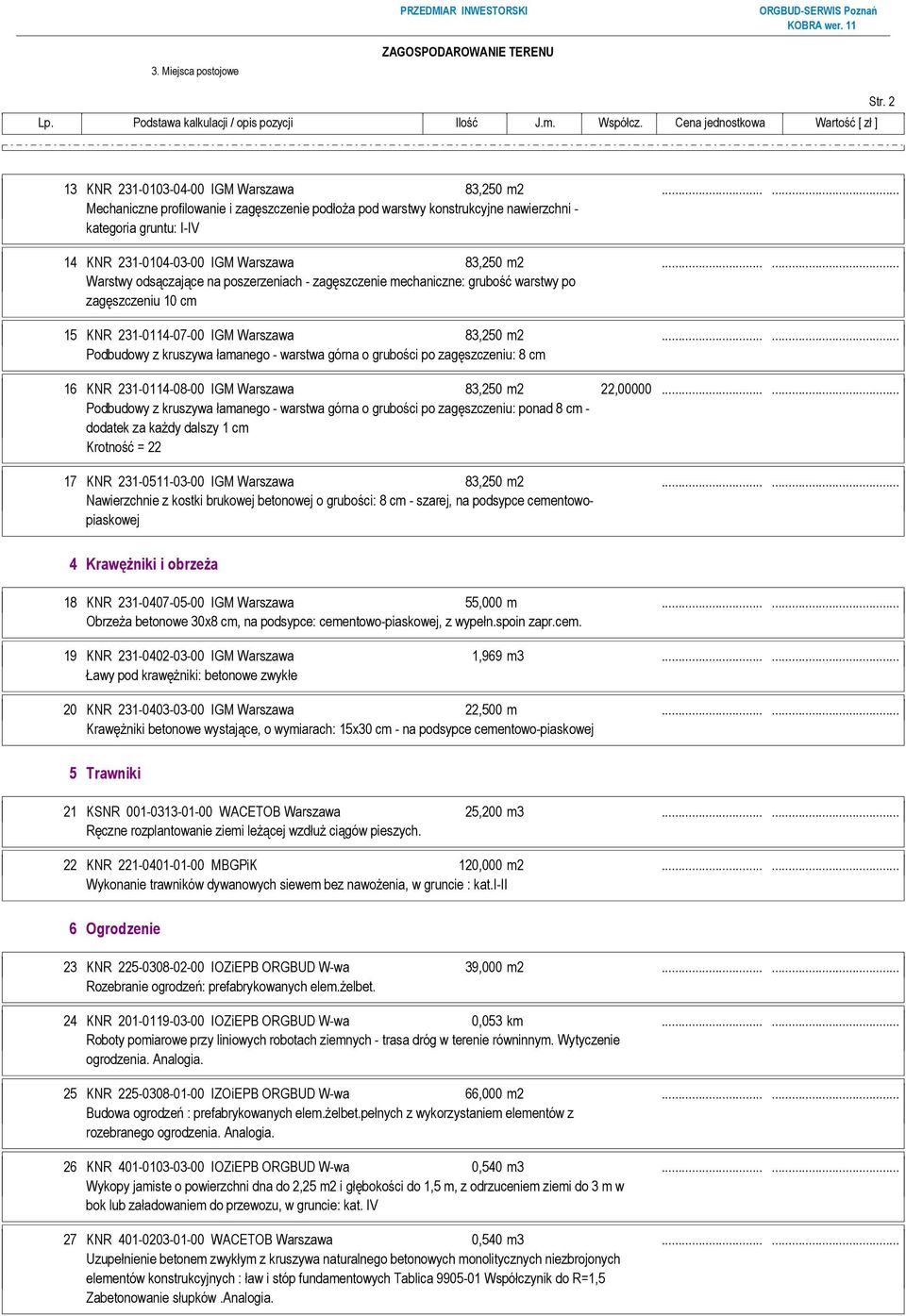..... Warstwy odsączające na poszerzeniach - zagęszczenie mechaniczne: grubość warstwy po zagęszczeniu 10 cm 15 KNR 231-0114-07-00 IGM Warszawa 83,250 m2.
