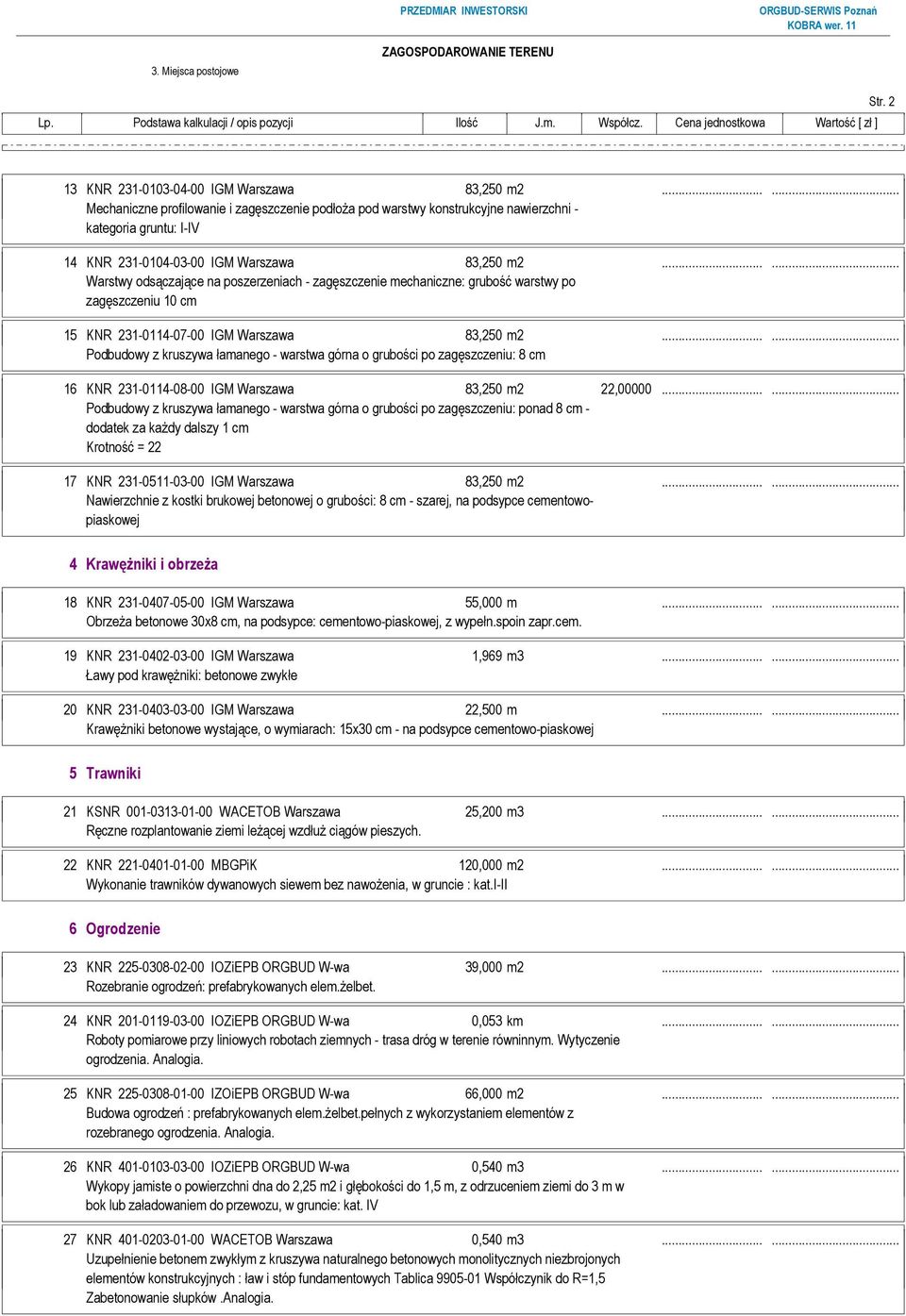 ..... Warstwy odsączające na poszerzeniach - zagęszczenie mechaniczne: grubość warstwy po zagęszczeniu 10 cm 15 KNR 231-0114-07-00 IGM Warszawa 83,250 m2.