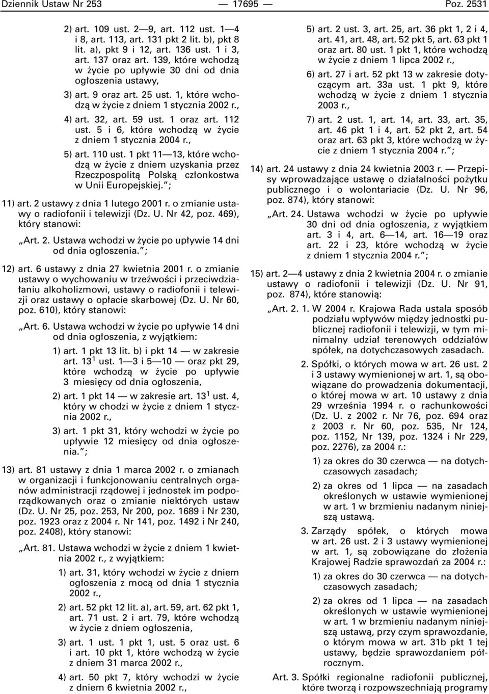 5 i 6, które wchodzà w ycie z dniem 1 stycznia 2004 r., 5) art. 110 ust. 1 pkt 11 13, które wchodzà w ycie z dniem uzyskania przez Rzeczpospolità Polskà cz onkostwa w Unii Europejskiej. ; 11) art.