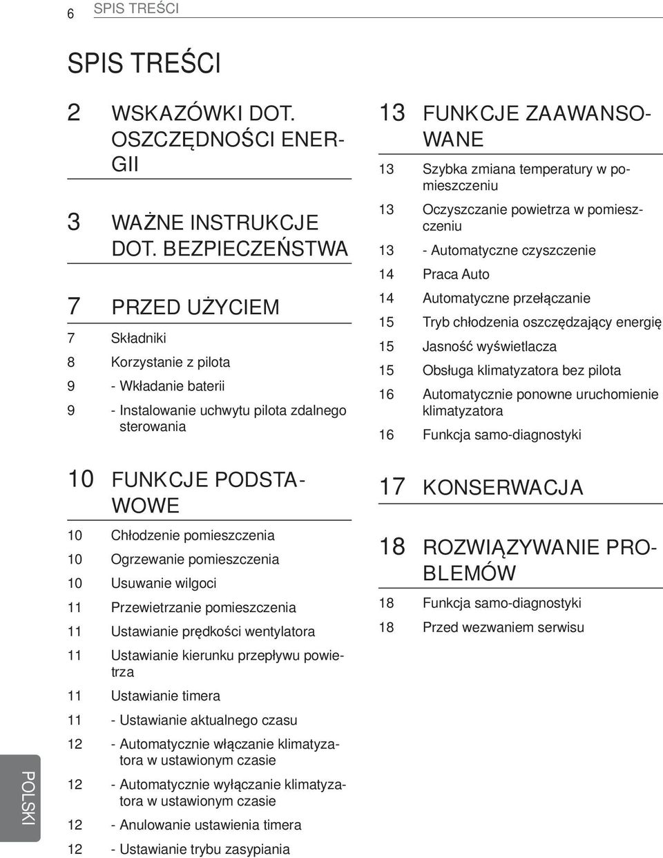 Ogrzewanie pomieszczenia 10 Usuwanie wilgoci 11 Przewietrzanie pomieszczenia 11 Ustawianie prędkości wentylatora 11 Ustawianie kierunku przepływu powietrza 11 Ustawianie timera 11 - Ustawianie