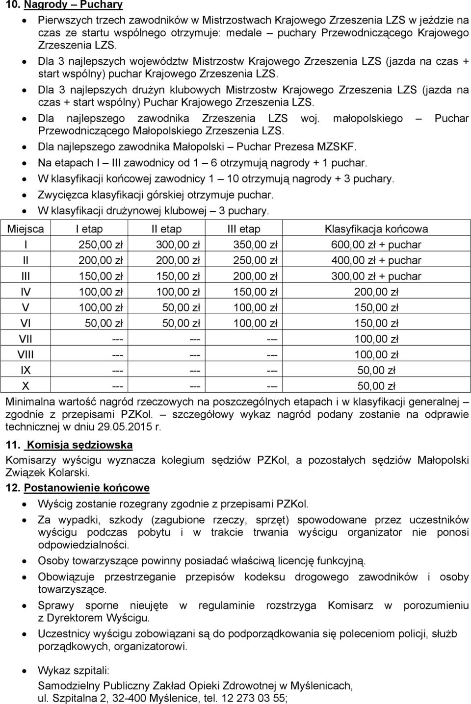 Dla 3 najlepszych drużyn klubowych Mistrzostw Krajowego Zrzeszenia LZS (jazda na czas + start wspólny) Puchar Krajowego Zrzeszenia LZS. Dla najlepszego zawodnika Zrzeszenia LZS woj.