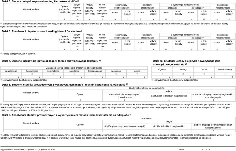 Studentów niepełnosprawnych należy wykazać tyle y, ile posiada on rodzajów niepełnosprawności (w rubryce 3 i 5 powinien być wykazany tylko ).