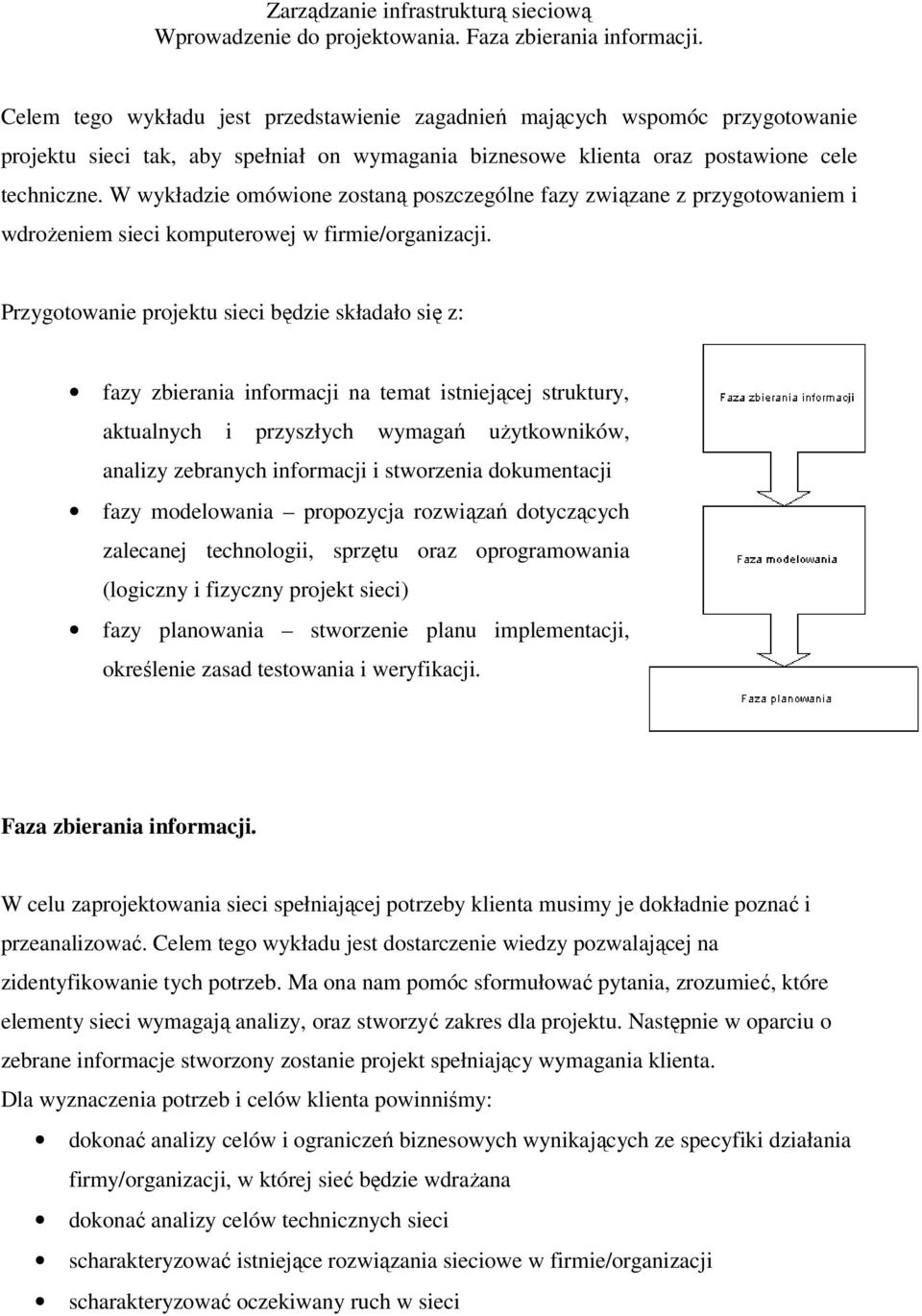 Przygotowanie projektu sieci będzie składało się z: fazy zbierania informacji na temat istniejącej struktury, aktualnych i przyszłych wymagań użytkowników, analizy zebranych informacji i stworzenia