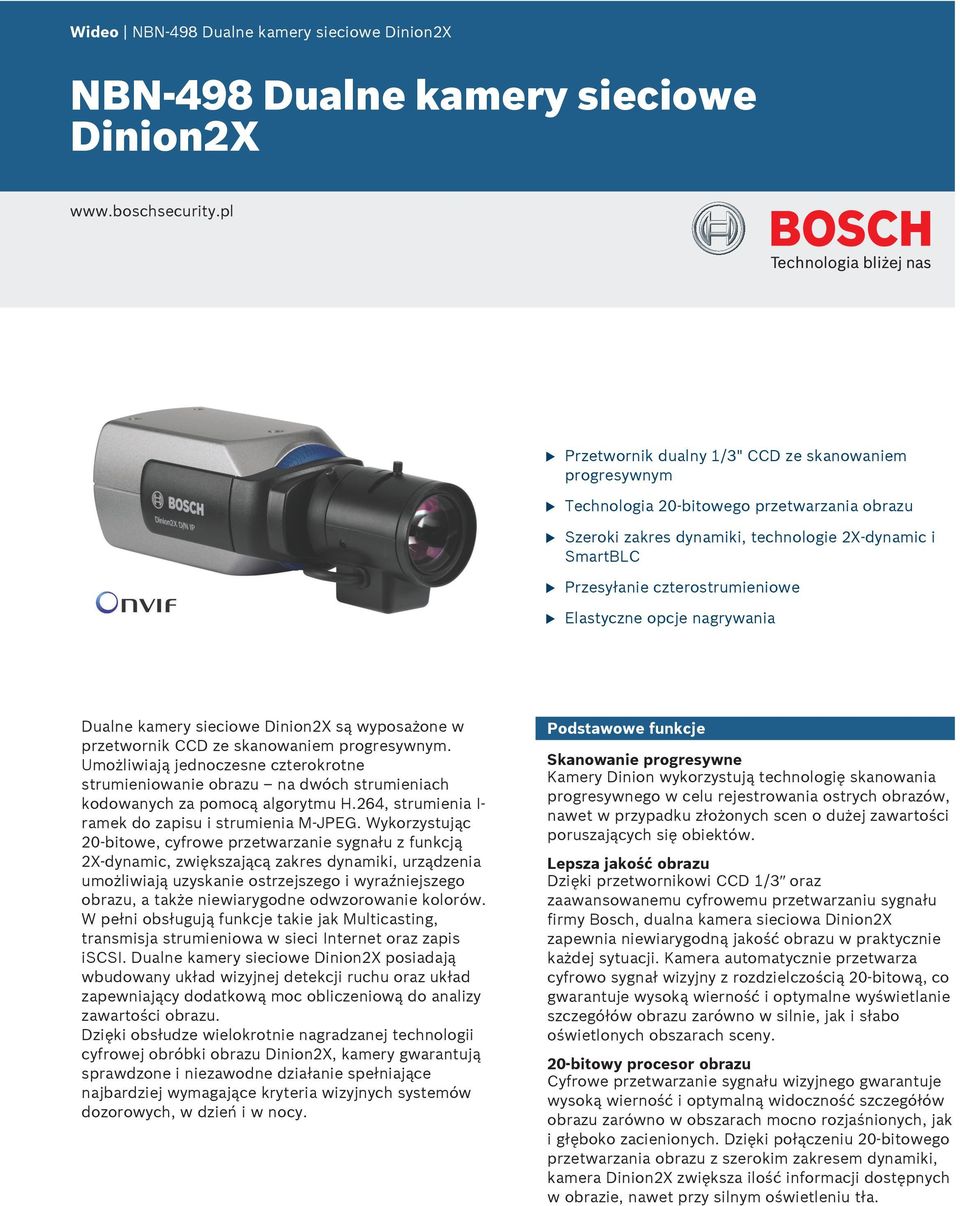 Elastyczne opcje nagrywania Dalne kamery sieciowe Dinion2X są wyposażone w przetwornik CCD ze skanowaniem progresywnym.