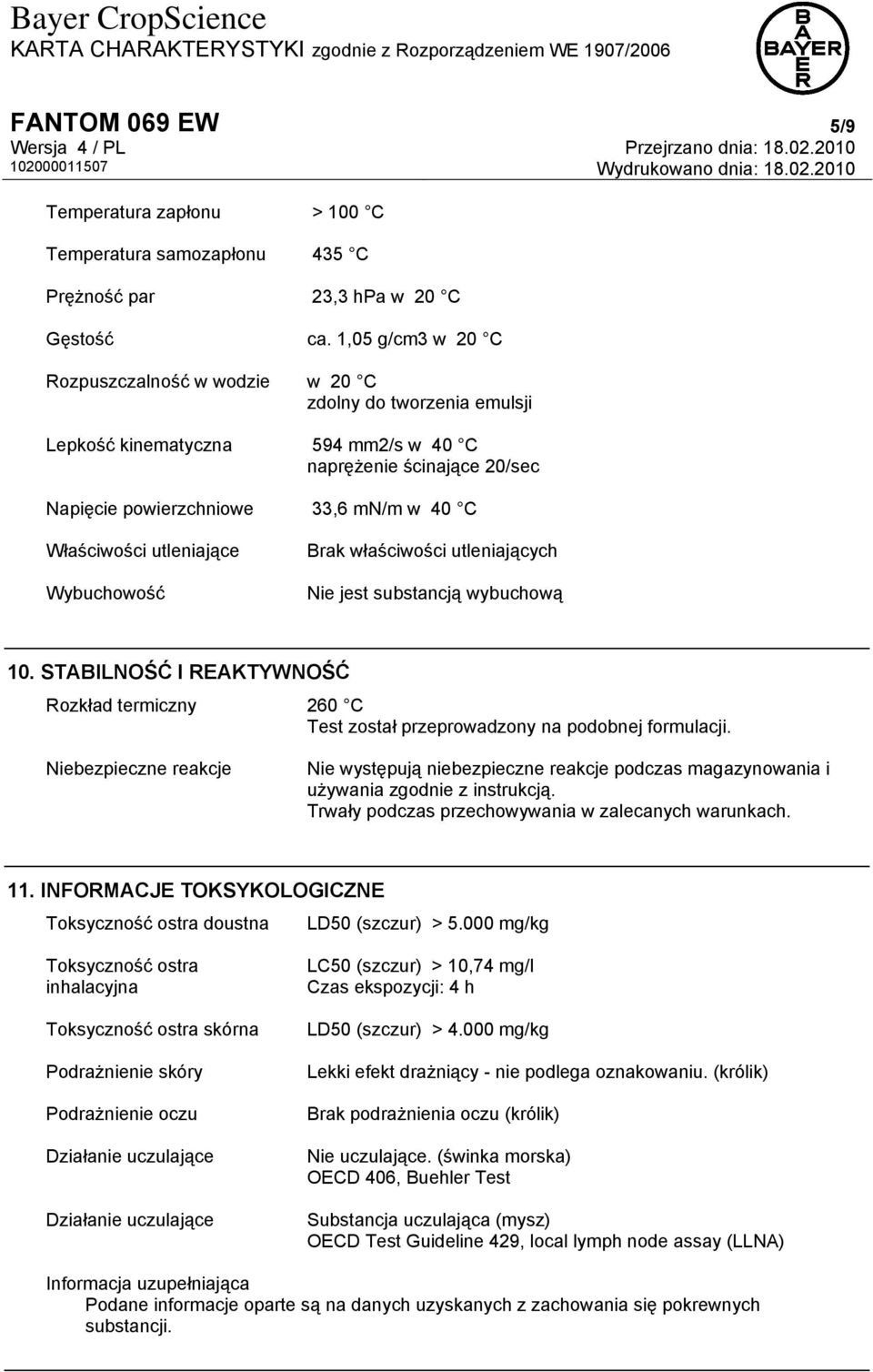 utleniające Wybuchowość Brak właściwości utleniających Nie jest substancją wybuchową 10. STABILNOŚĆ I REAKTYWNOŚĆ Rozkład termiczny 260 C Test został przeprowadzony na podobnej formulacji.