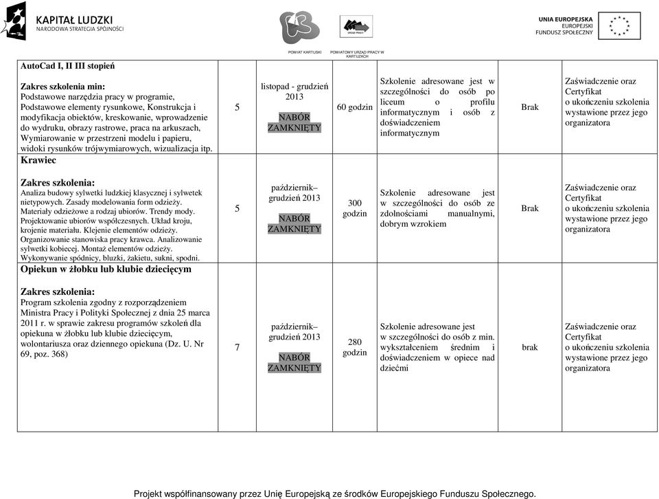 Krawiec 60 po liceum o profilu informatycznym i osób z doświadczeniem informatycznym Analiza budowy sylwetki ludzkiej klasycznej i sylwetek nietypowych. Zasady modelowania form odzieży.