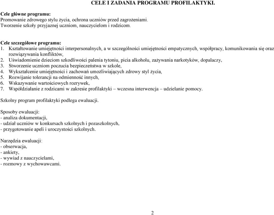 Uświadomienie dzieciom szkodliwości palenia tytoniu, picia alkoholu, zażywania narkotyków, dopalaczy, 3. Stworzenie uczniom poczucia bezpieczeństwa w szkole, 4.