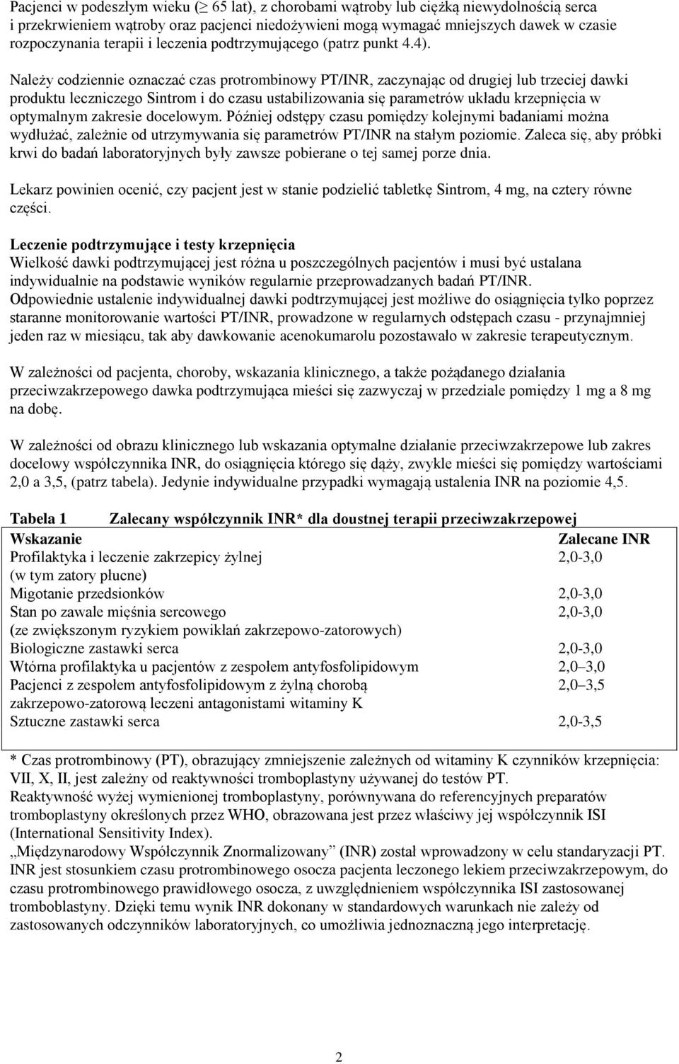 Należy codziennie oznaczać czas protrombinowy PT/INR, zaczynając od drugiej lub trzeciej dawki produktu leczniczego Sintrom i do czasu ustabilizowania się parametrów układu krzepnięcia w optymalnym