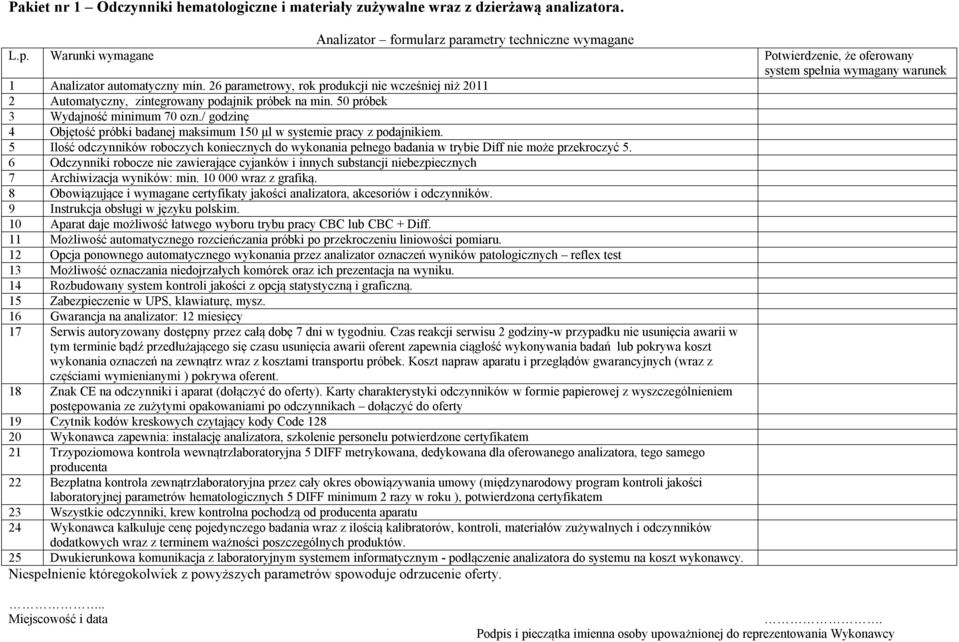 26 parametrowy, rok produkcji nie wcześniej niż 2011 2 Automatyczny, zintegrowany podajnik próbek na min. 50 próbek 3 Wydajność minimum 70 ozn.