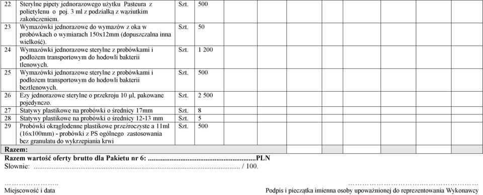 25 Wymazówki jednorazowe sterylne z probówkami i Szt. 500 podłożem transportowym do hodowli bakterii beztlenowych. 26 Ezy jednorazowe sterylne o przekroju 10 μl, pakowane Szt. 2 500 pojedynczo.
