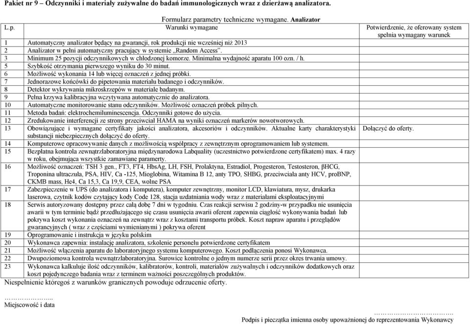 Warunki wymagane Potwierdzenie, że oferowany system spełnia wymagany warunek 1 Automatyczny analizator będący na gwarancji, rok produkcji nie wcześniej niż 2013 2 Analizator w pełni automatyczny
