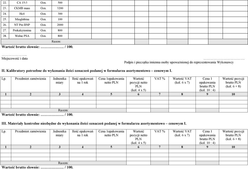 Przedmiot zamówienia Jednostka miary Ilość opakowań na 1 rok 1 netto pozycji netto (kol. 4 x 5) (kol. 6 x 7) 1 (kol. 10 : 4) pozycji (kol. 6 + 8) 1 2 3 4 5 6 7 8 9 10 słownie:. / 100. III.