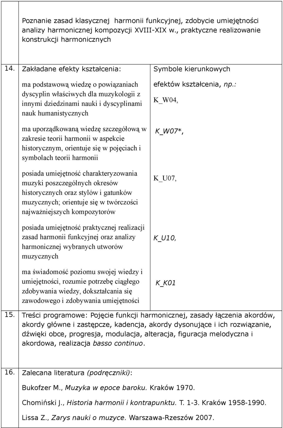 szczegółową w zakresie teorii harmonii w aspekcie historycznym, orientuje się w pojęciach i symbolach teorii harmonii posiada umiejętność charakteryzowania muzyki poszczególnych okresów historycznych