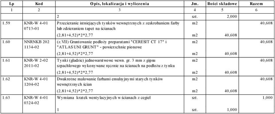 vii) Gruntowanie podłoży preparatami "CERESIT CT 17" i "AT LAS UNI GRUNT" - powierzchnie pionowe Tynki (gładzie) jednowarstwowe wewn. gr.