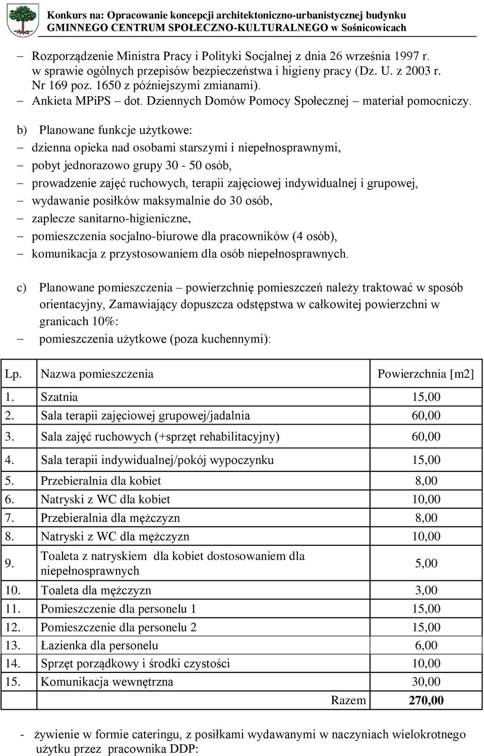 wydawanie posiłków maksymalnie do 30 osób, zaplecze sanitarno-higieniczne, pomieszczenia socjalno-biurowe dla pracowników (4 osób), komunikacja z przystosowaniem dla osób niepełnosprawnych.