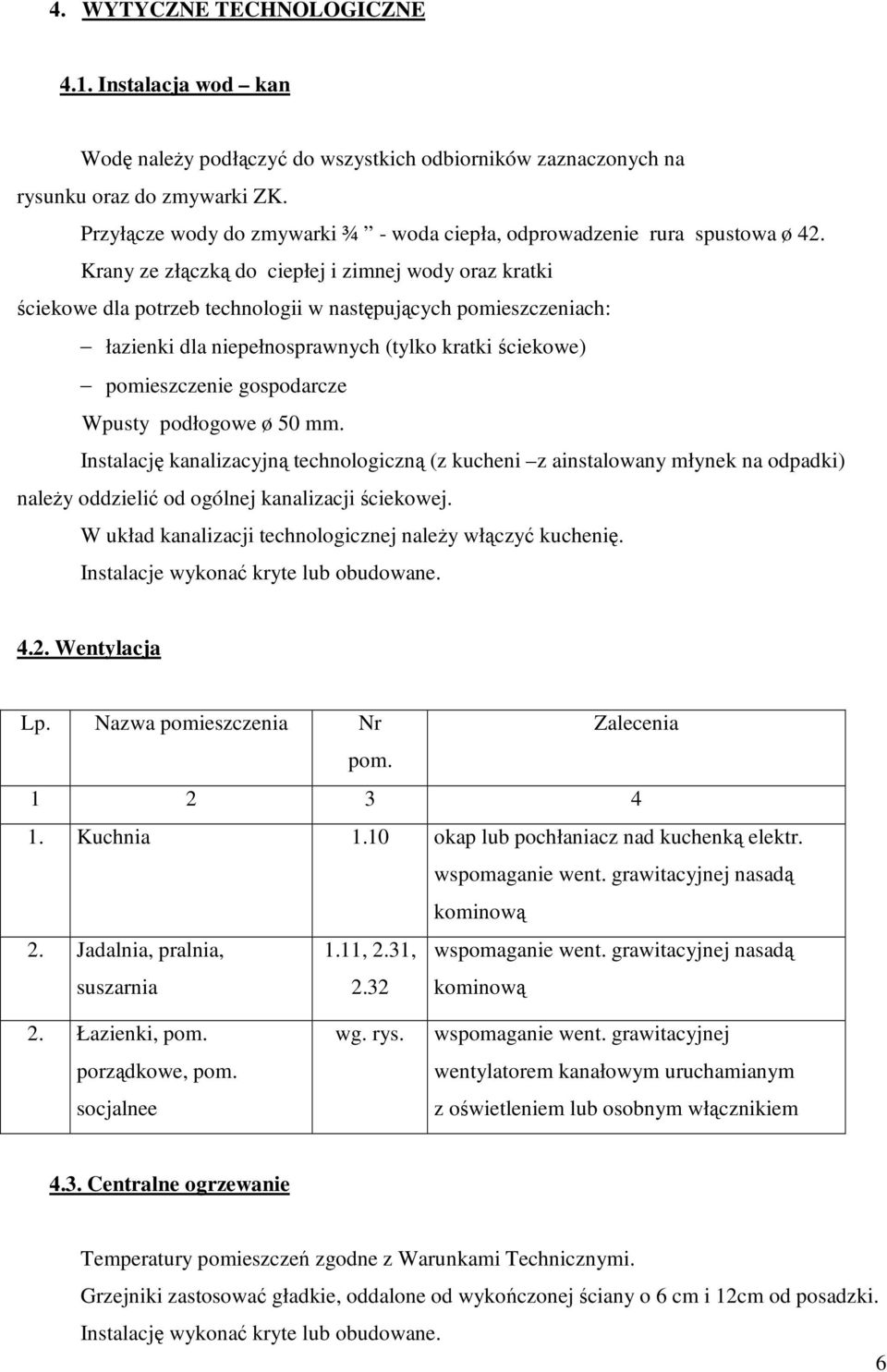 Krany ze złączką do ciepłej i zimnej wody oraz kratki ściekowe dla potrzeb technologii w następujących pomieszczeniach: łazienki dla niepełnosprawnych (tylko kratki ściekowe) pomieszczenie